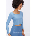 Sky-blue Wholesale Women long sleeve crop top Workout Yoga crop top